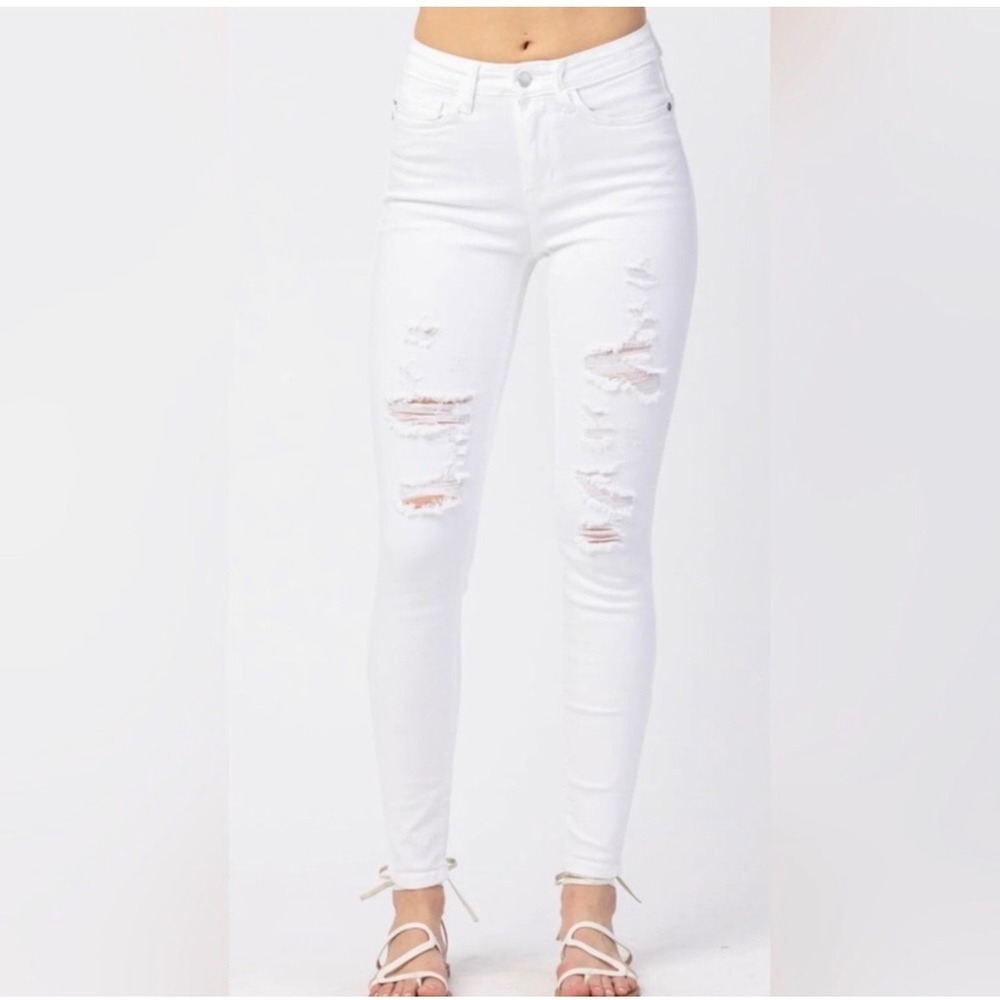 Judy Blue White Distressed Skinny Jeans High Rise Shredded Knee Denim 3/26